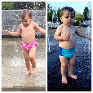 Infant girl and boy at the pool 
